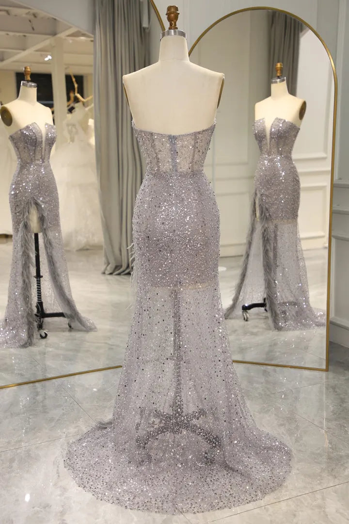 Sparkling and sexy gray strapless long mermaid dance dress with feathers and split ends