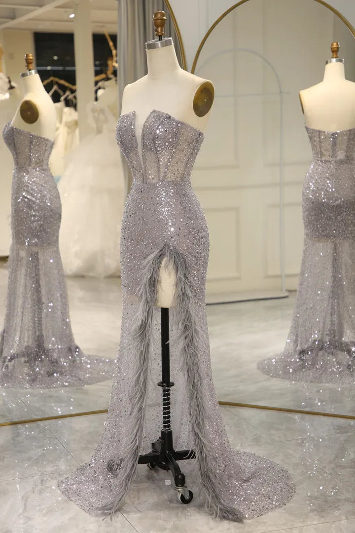 Sparkling and sexy gray strapless long mermaid dance dress with feathers and split ends