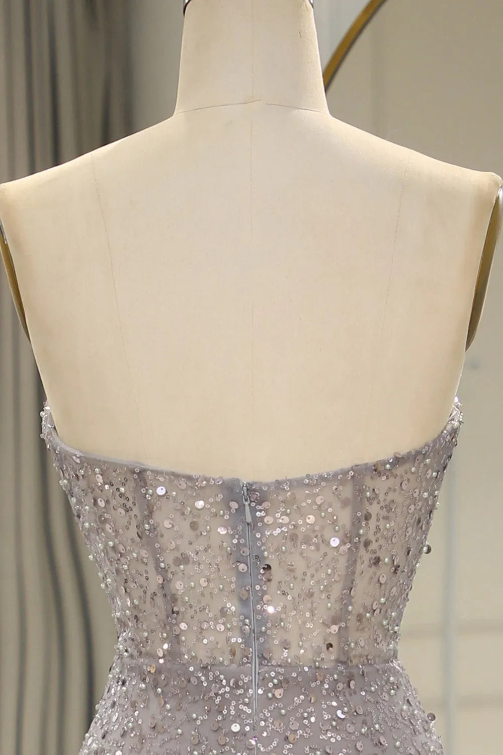 Sparkling and sexy gray strapless long mermaid dance dress with feathers and split ends