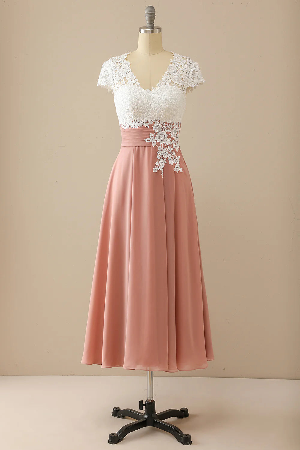 Elegant and slim fitting sweet V-neck bride mother dress with short sleeves