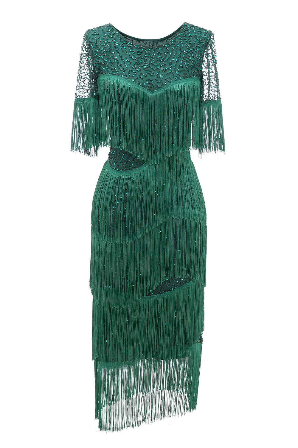 Elegant and high-end dark green round neck tassel bride's mother dress