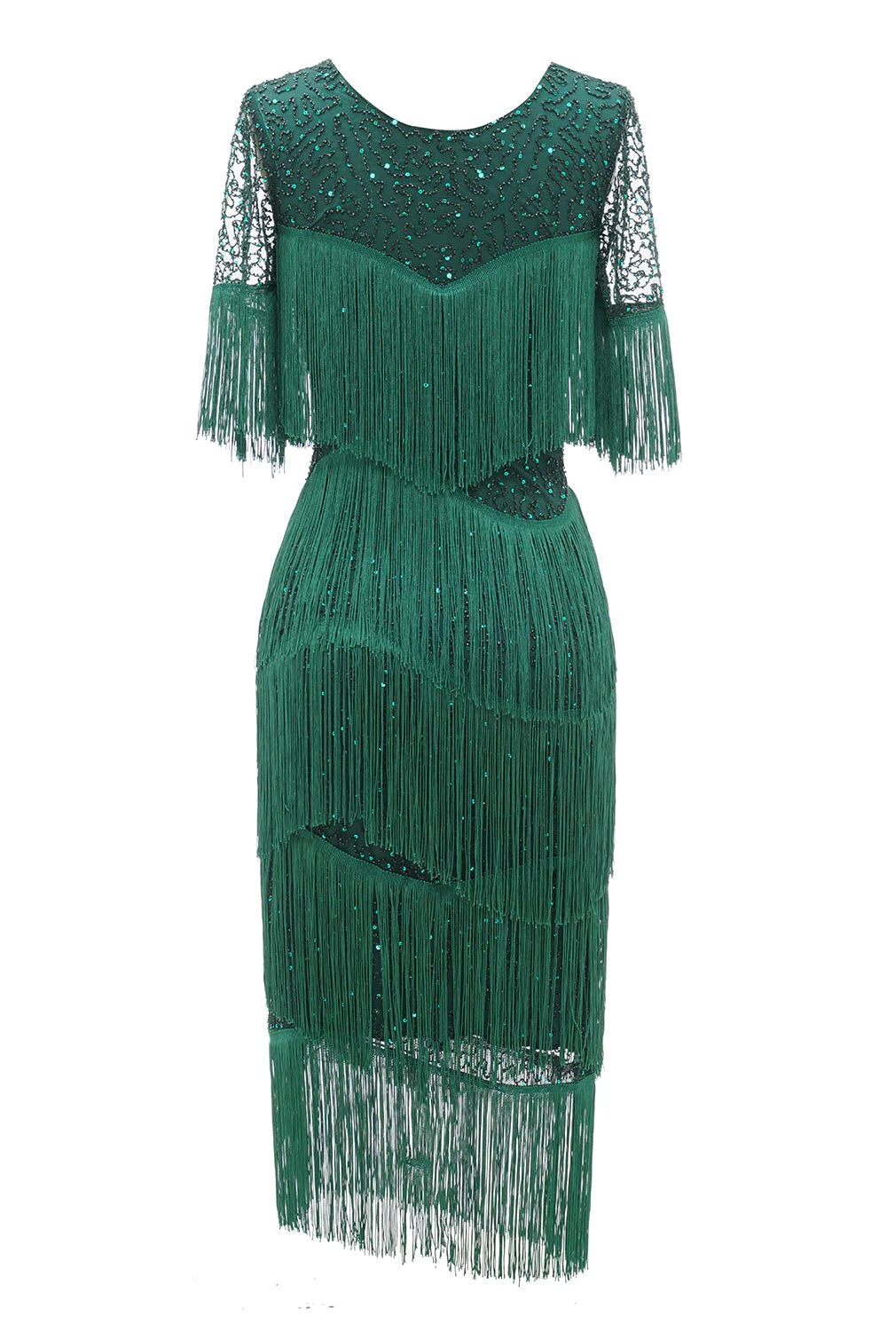 Elegant and high-end dark green round neck tassel bride's mother dress
