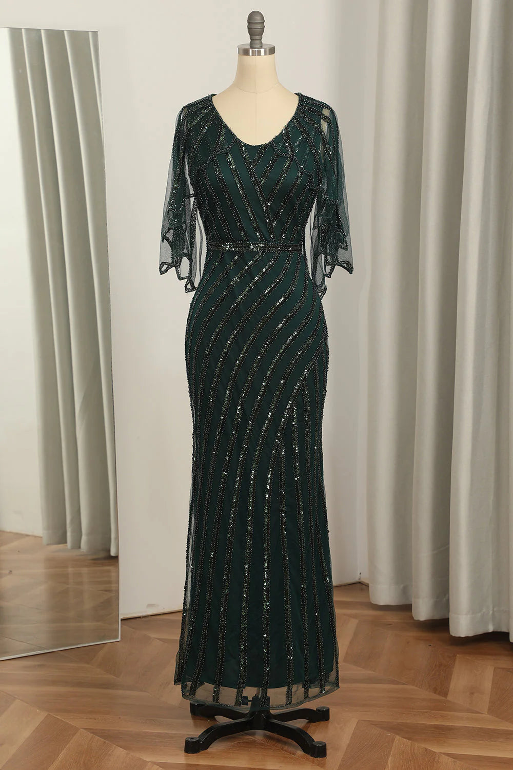 Dark green elegant sequin round neck 1920s long dress