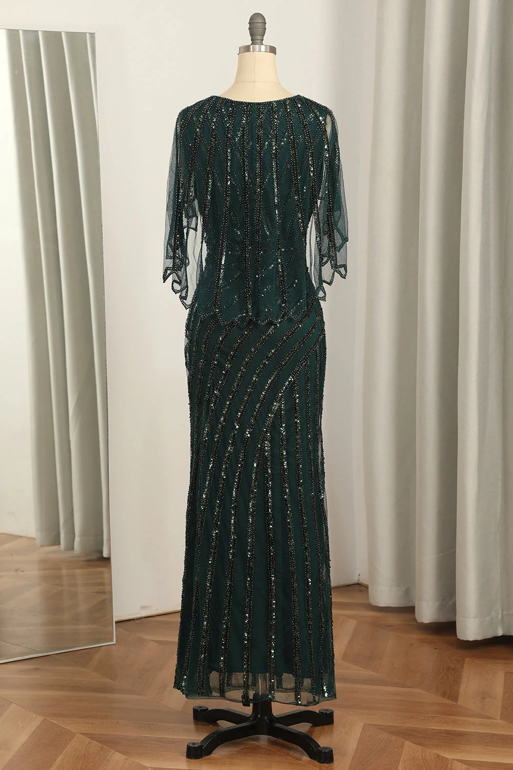 Dark green elegant sequin round neck 1920s long dress