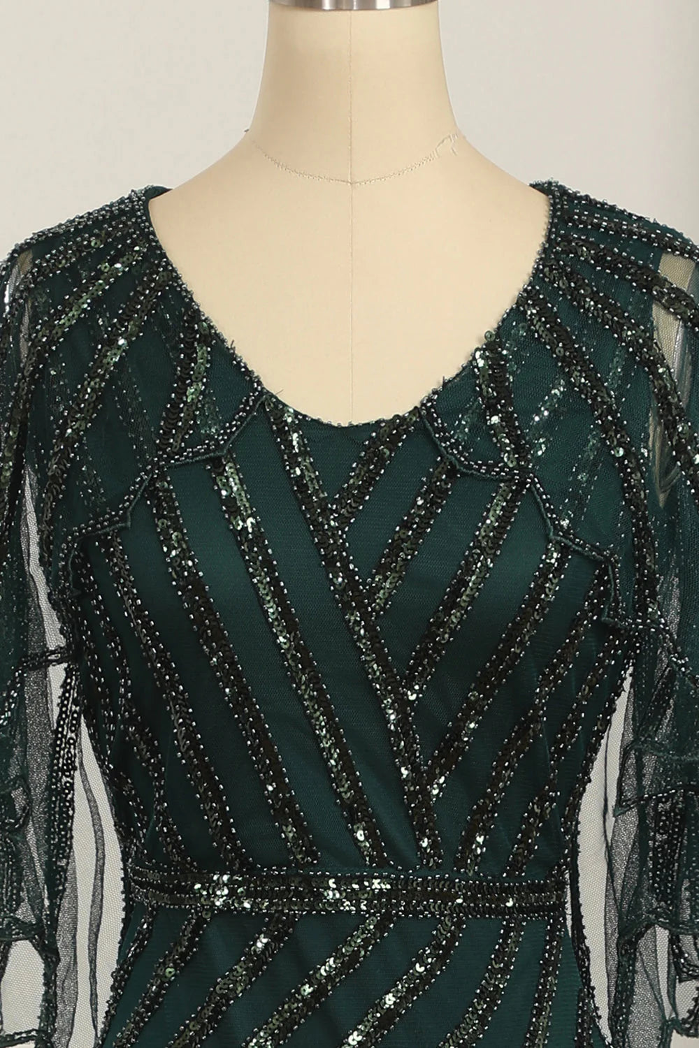 Dark green elegant sequin round neck 1920s long dress