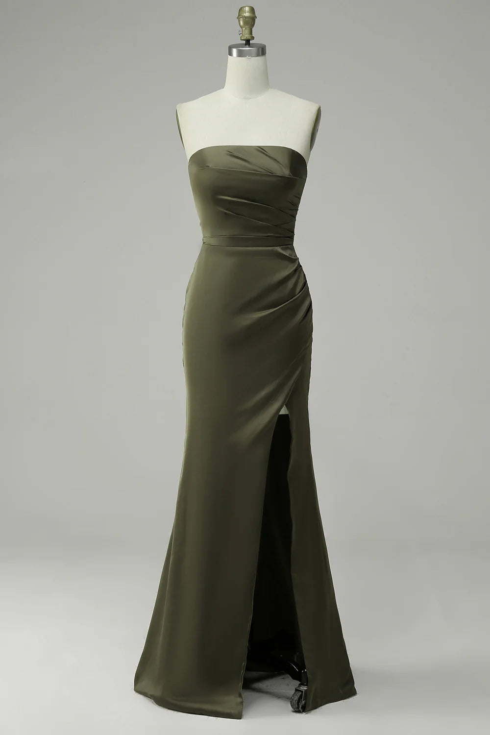 Green elegant strapless satin mermaid slit ball dress