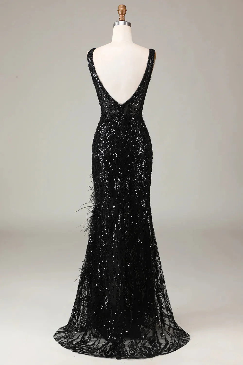Sparkling black mermaid V-neck long feather split ball dress