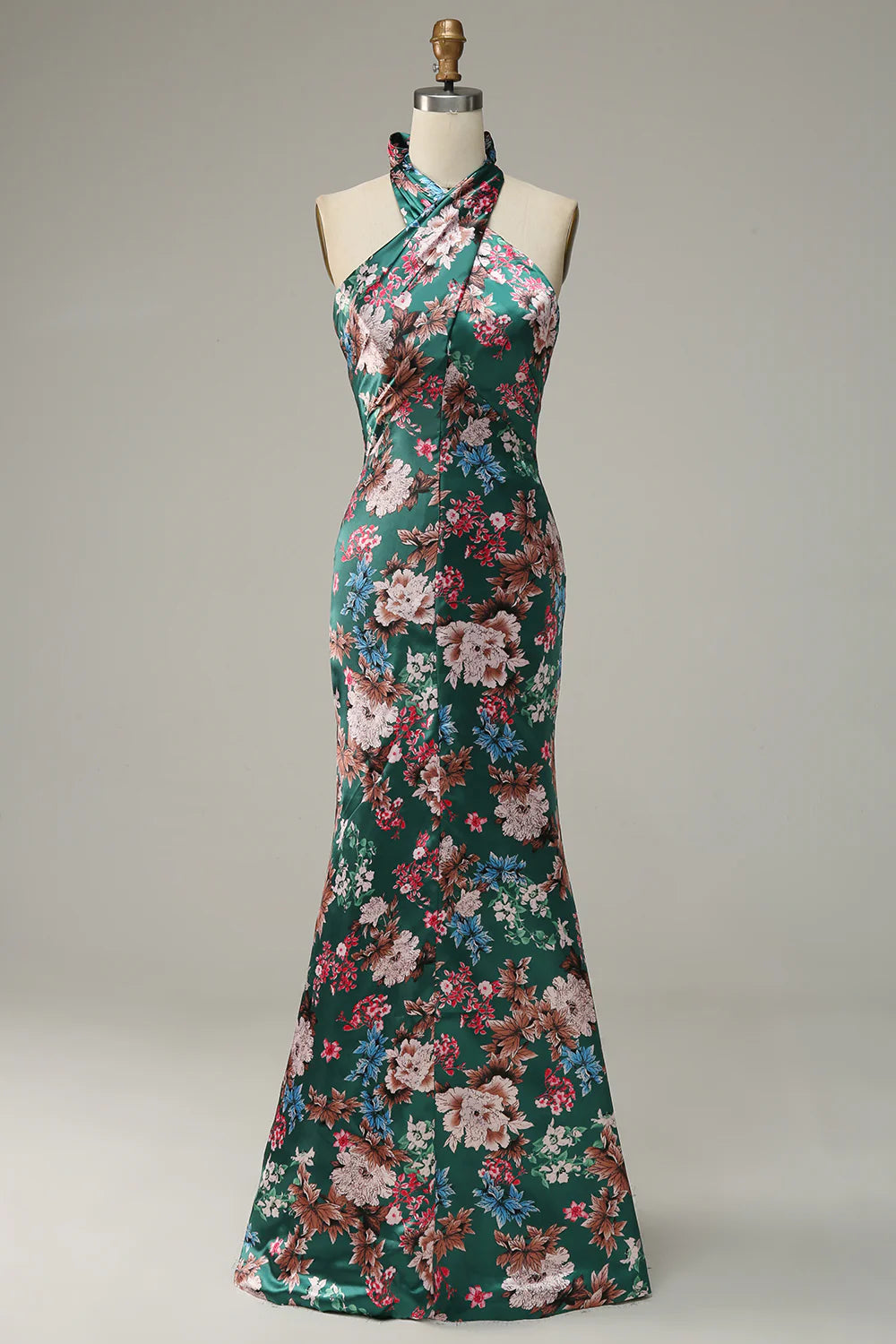 Elegant floral printed Halter satin ball dress