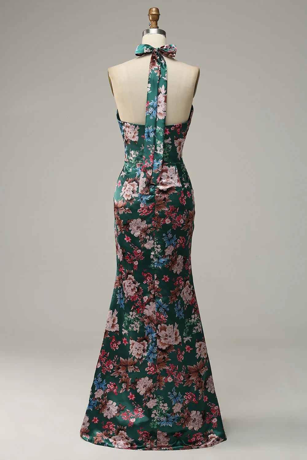 Elegant floral printed Halter satin ball dress