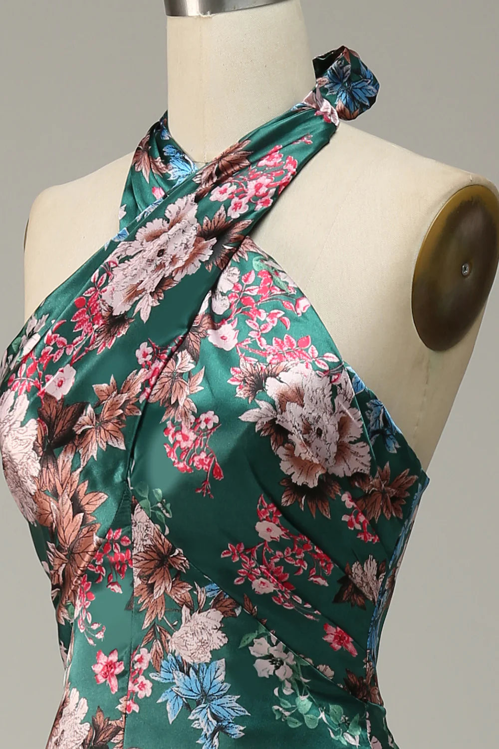Elegant floral printed Halter satin ball dress