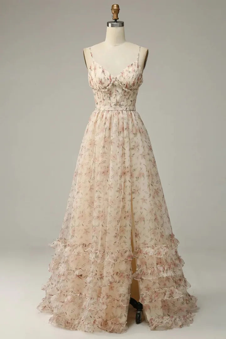 A-line Sweet Italian Noodle Strap Floor Sweeping Print Split Ball Dress