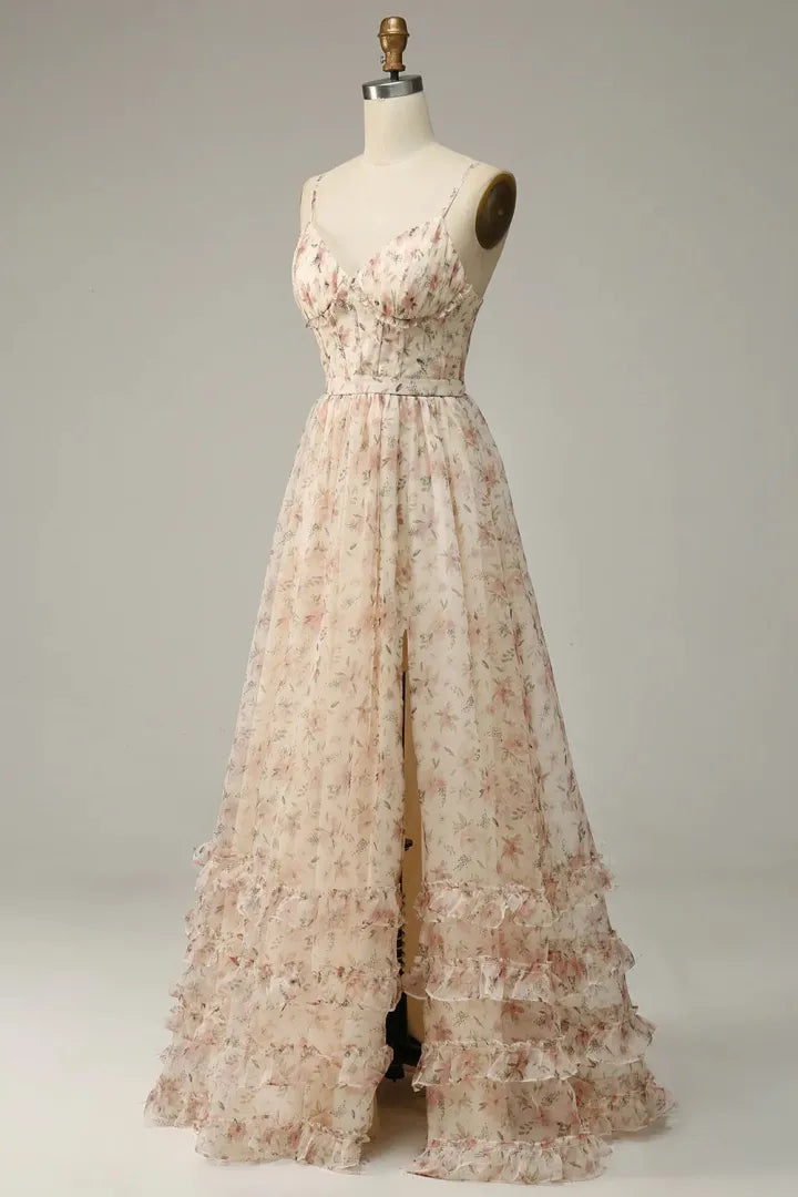 A-line Sweet Italian Noodle Strap Floor Sweeping Print Split Ball Dress