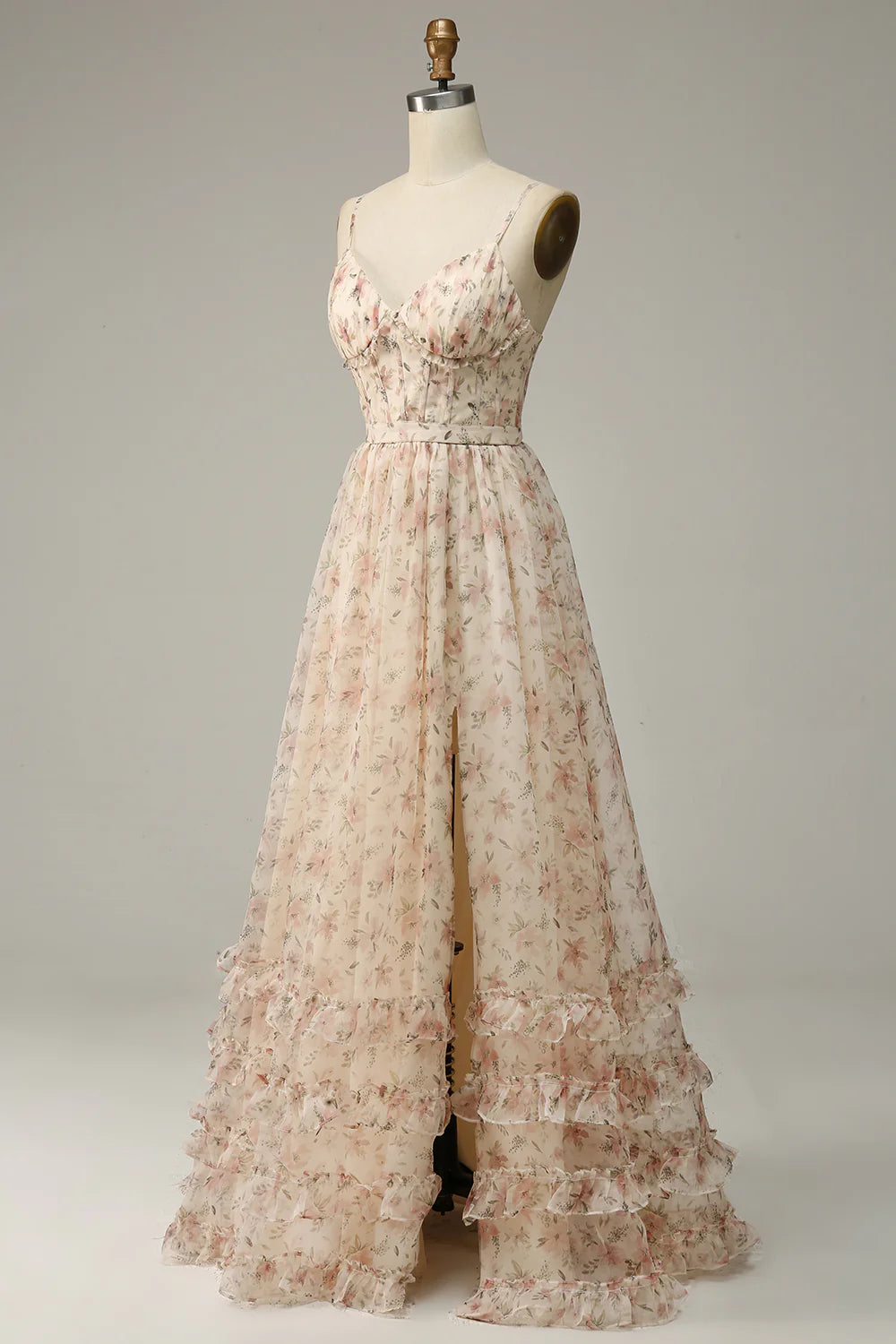 Apricot Flower Elegant A-line Printed Split Ball Dress