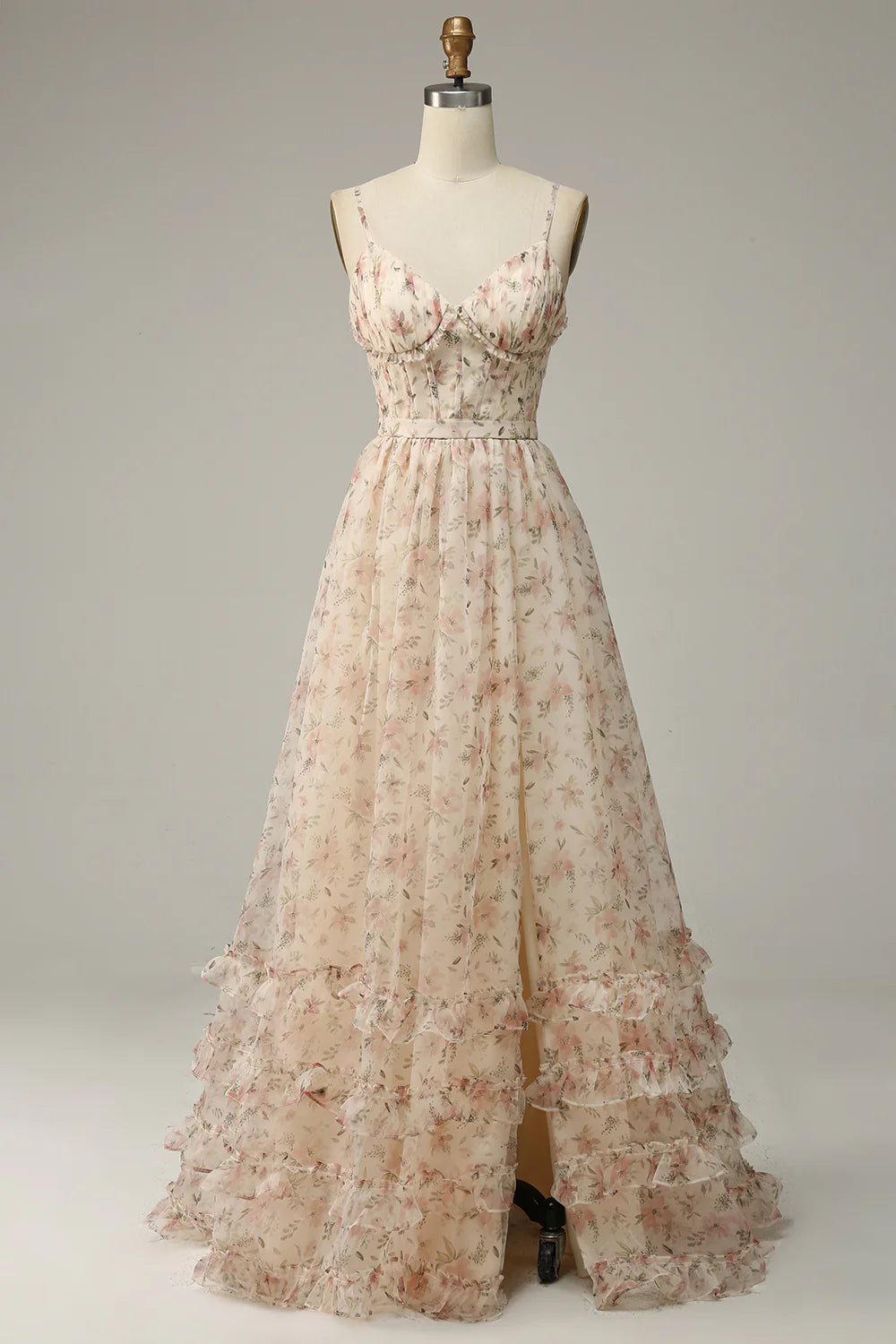 Apricot Flower Elegant A-line Printed Split Ball Dress
