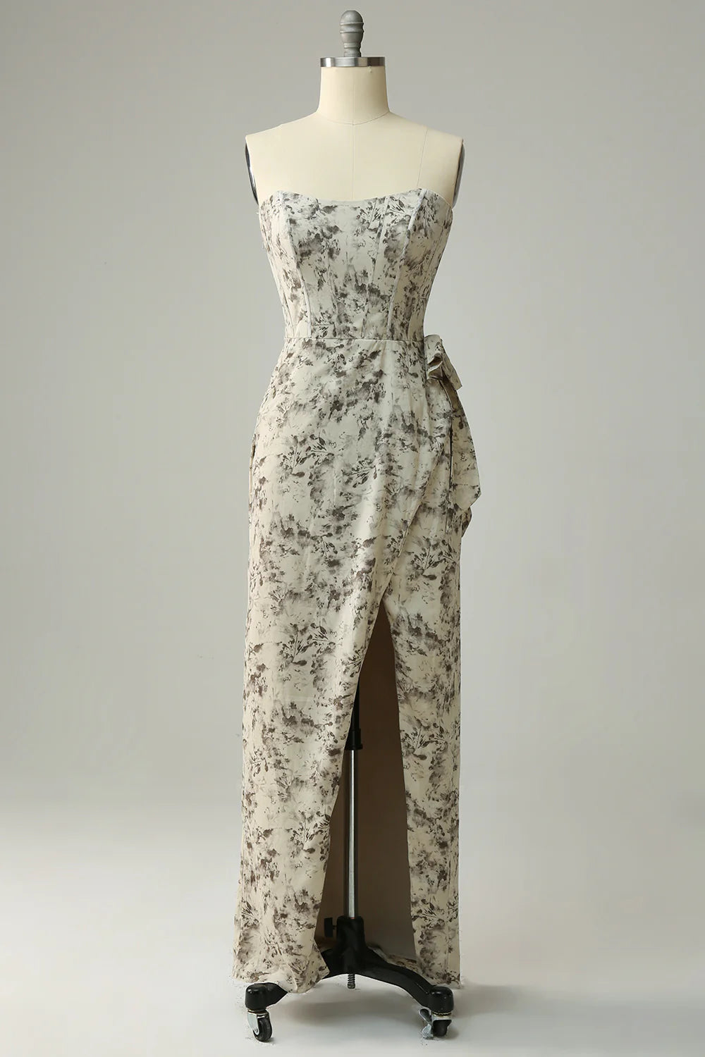 Tan Sweet Sweetheart Grey Print Belt Fitted Bridesmaid Dress