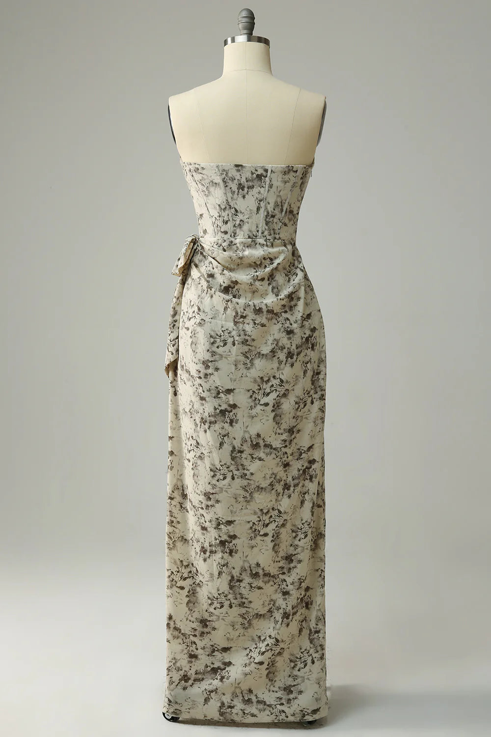 Tan Sweet Sweetheart Grey Print Belt Fitted Bridesmaid Dress