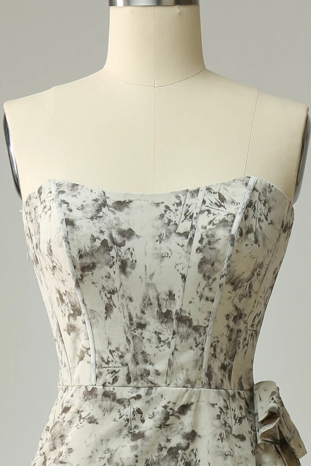 Tan Sweet Sweetheart Grey Print Belt Fitted Bridesmaid Dress