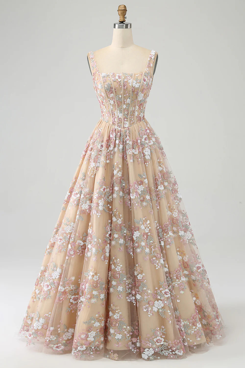 Luxury and elegant A-line square neck champagne tight fitting chest ball dress