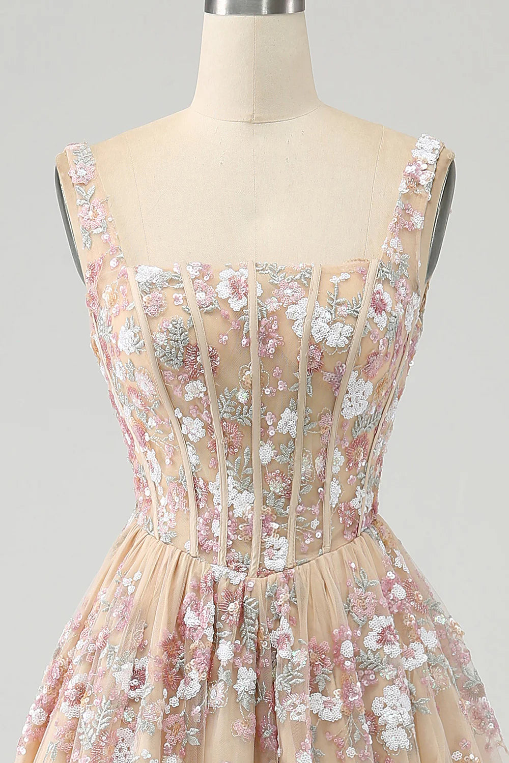Luxury and elegant A-line square neck champagne tight fitting chest ball dress