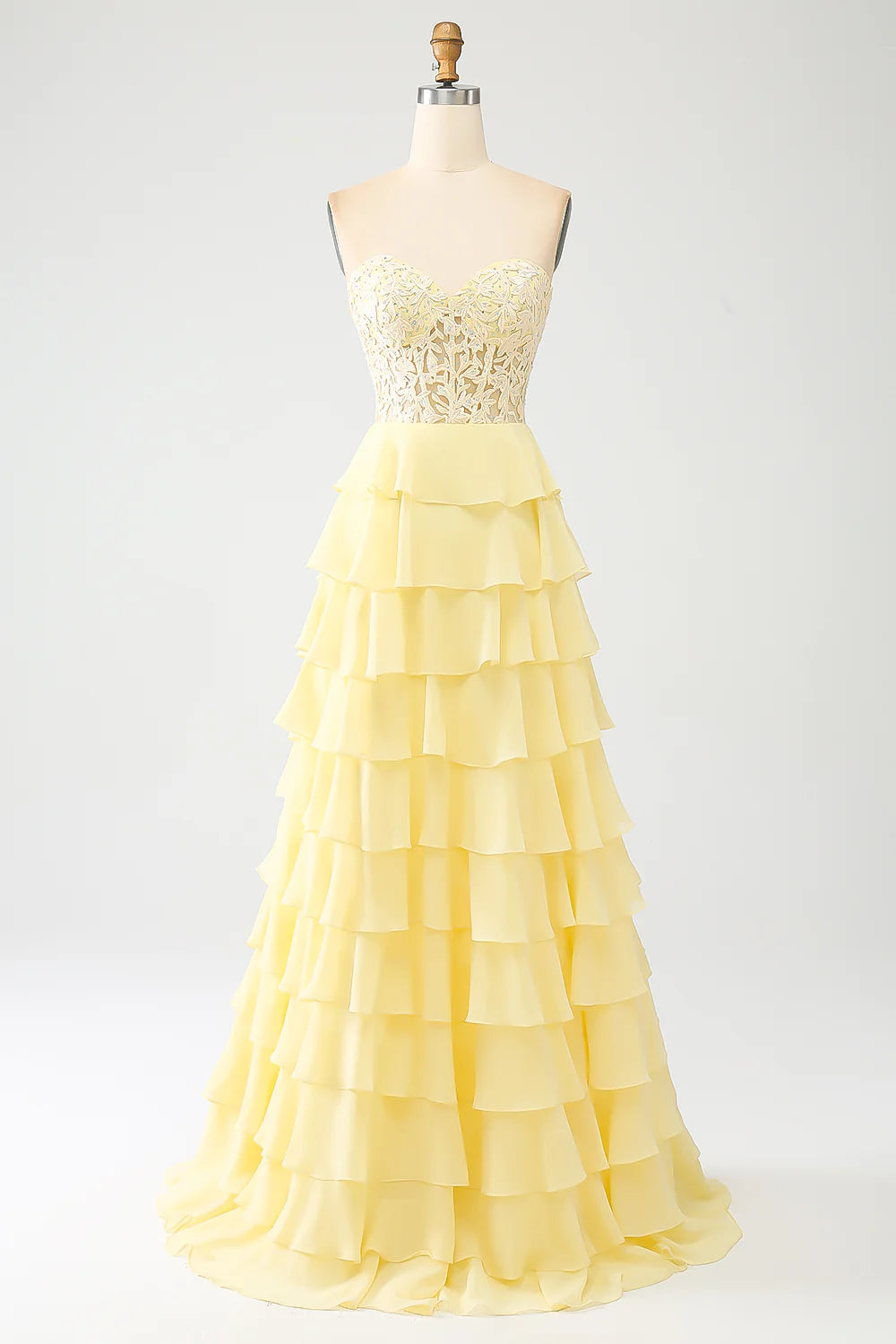 Yellow elegant and sweet layered long ball dress