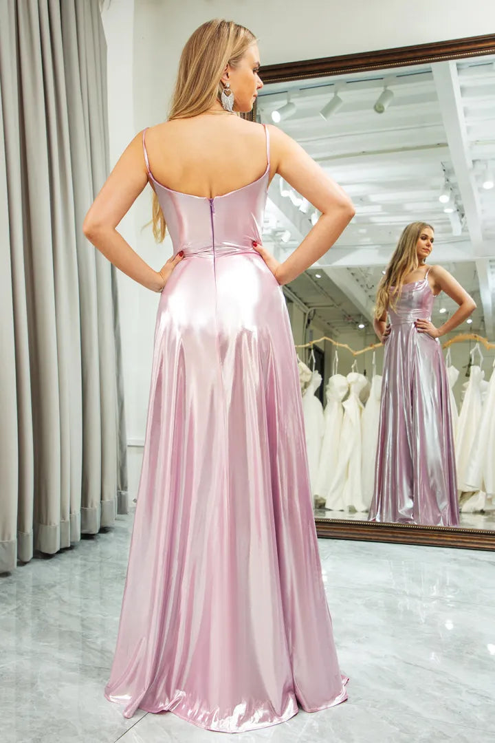 Powder blusher Slim A-line Spaghetti Strap Zipper Back Long Split Prom Dress
