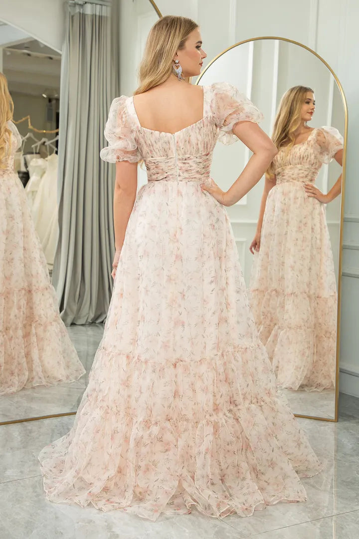 Premium Champagne A-line Square Neck Long sleeved Ball Dress