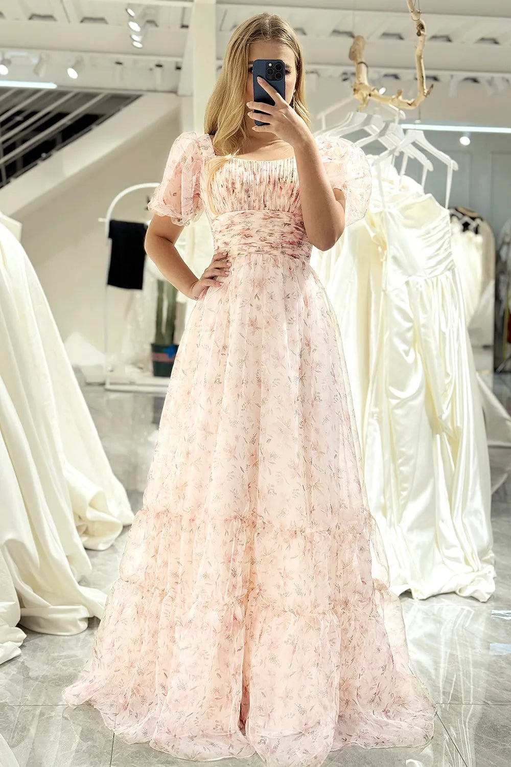 Premium Champagne A-line Square Neck Long sleeved Ball Dress