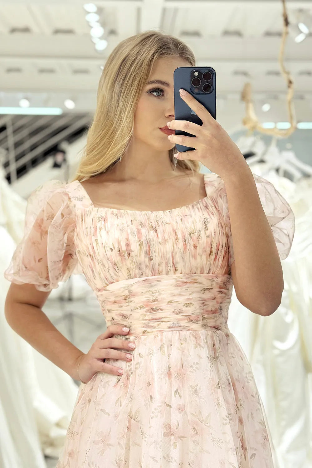 Premium Champagne A-line Square Neck Long sleeved Ball Dress