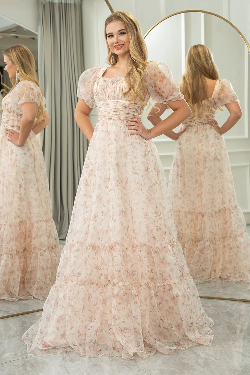 Premium Champagne A-line Square Neck Long sleeved Ball Dress