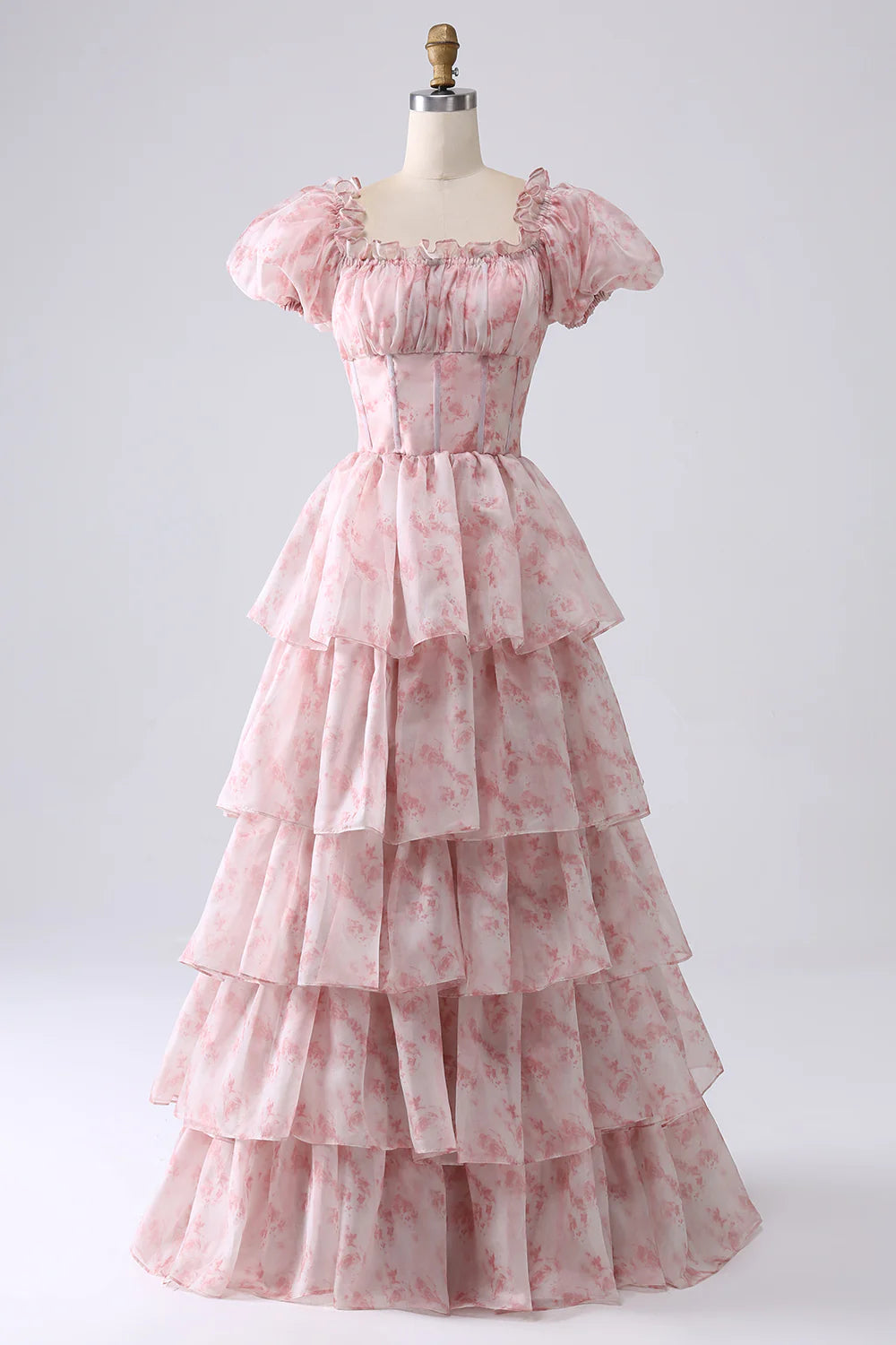 A-line square neck light blue layered flower ruffle edge long ball dress