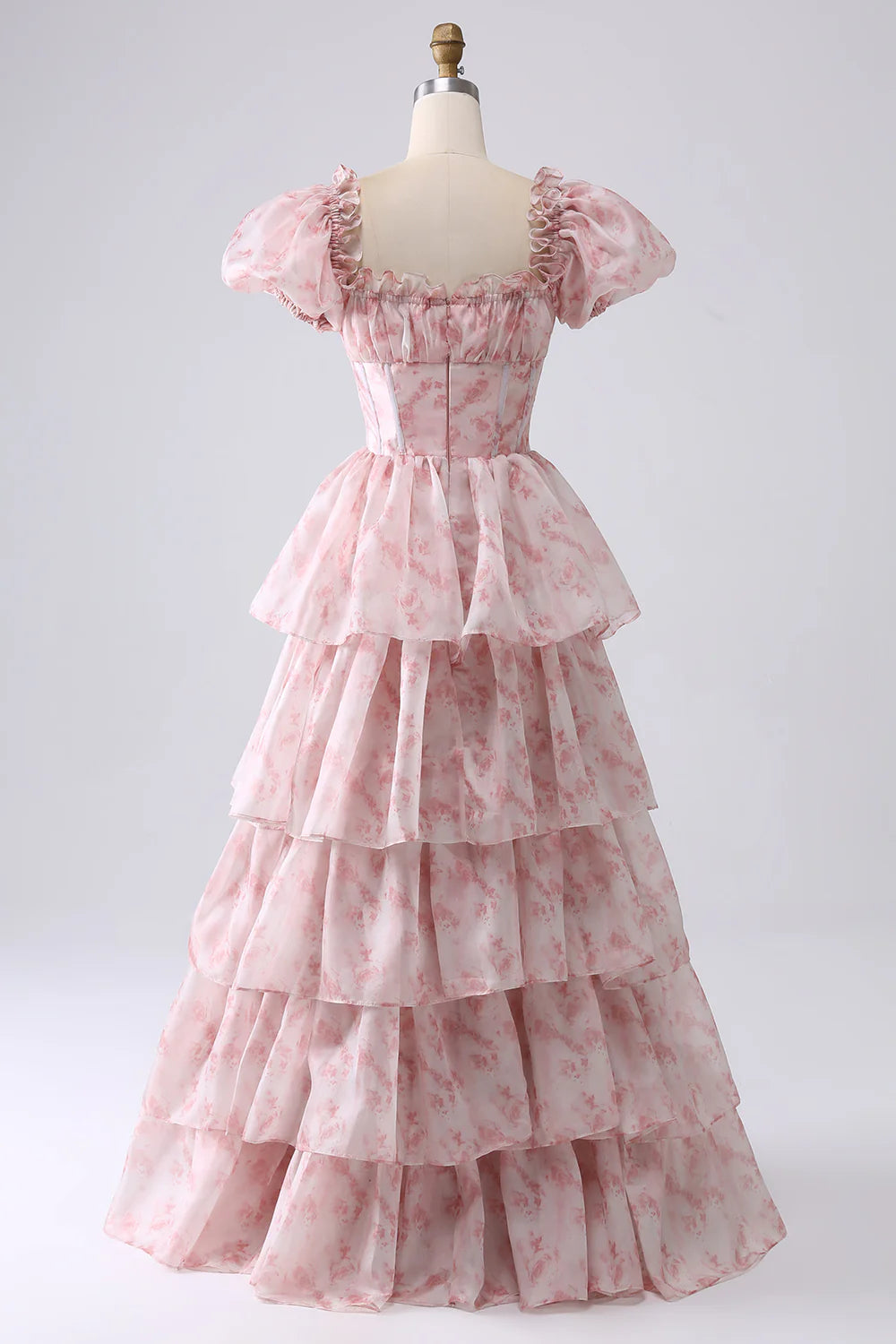 A-line square neck light blue layered flower ruffle edge long ball dress