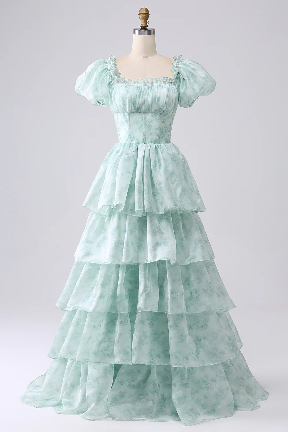 A-line square neck light blue layered flower ruffle edge long ball dress
