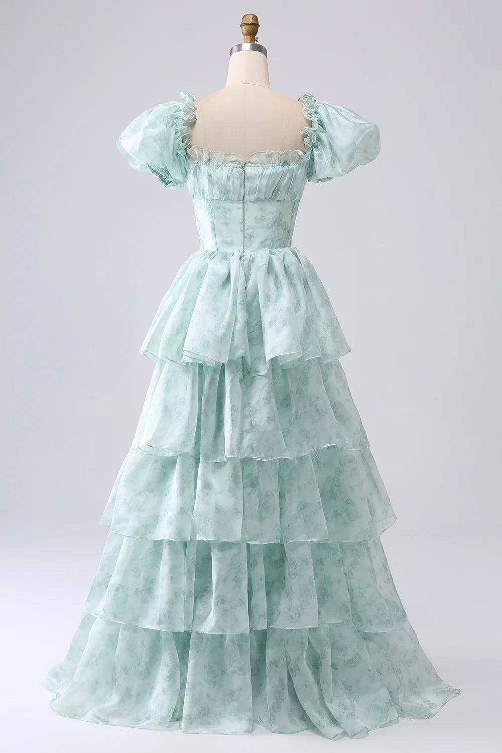 A-line square neck light blue layered flower ruffle edge long ball dress