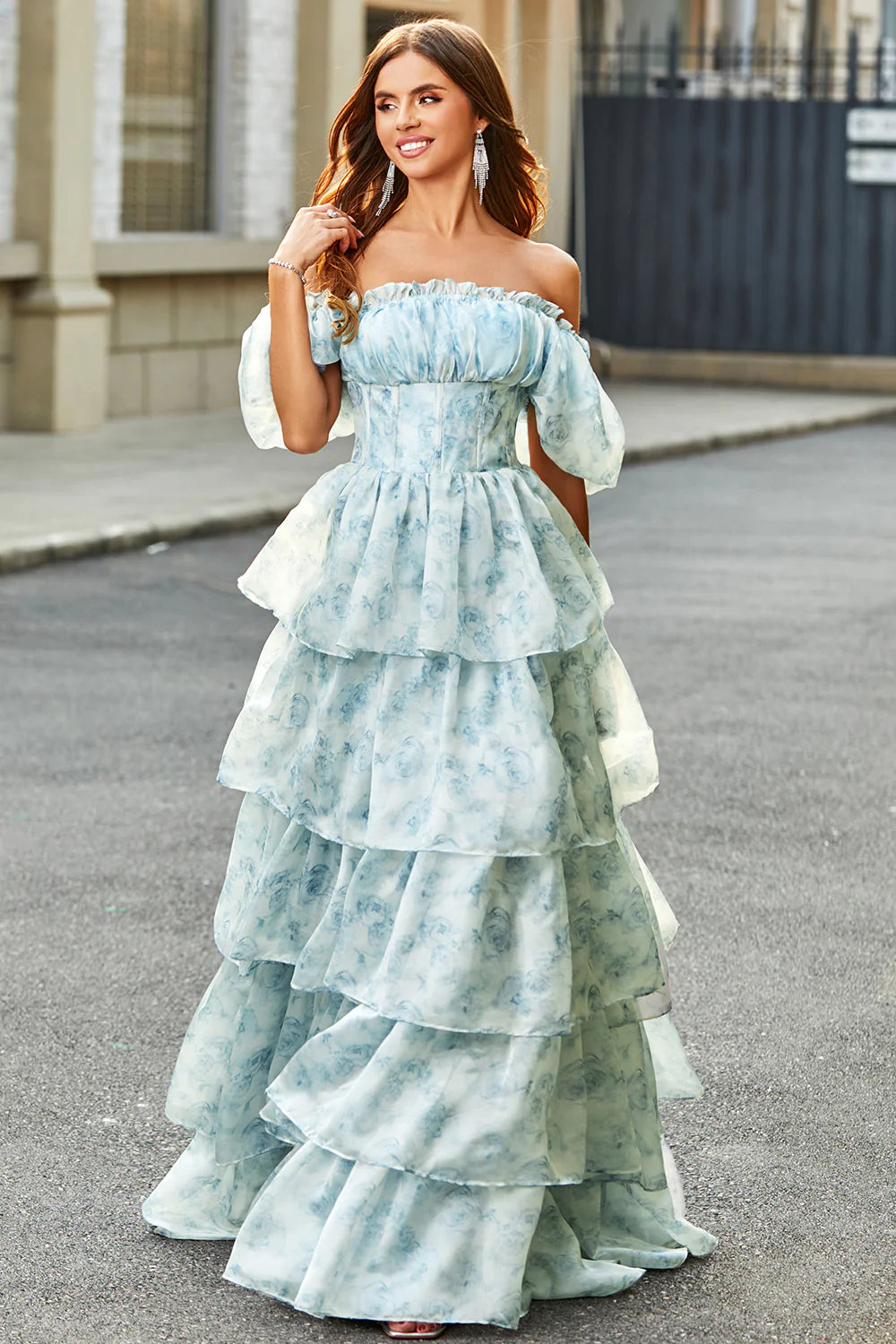 A-line square neck light blue layered flower ruffle edge long ball dress