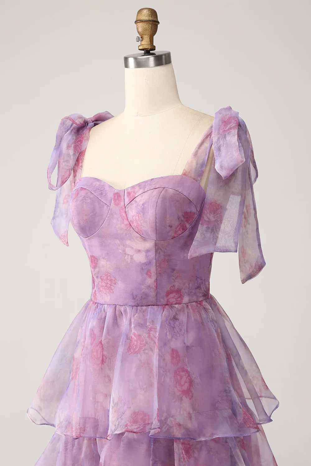 A-line layered purple printed tea long ball dress