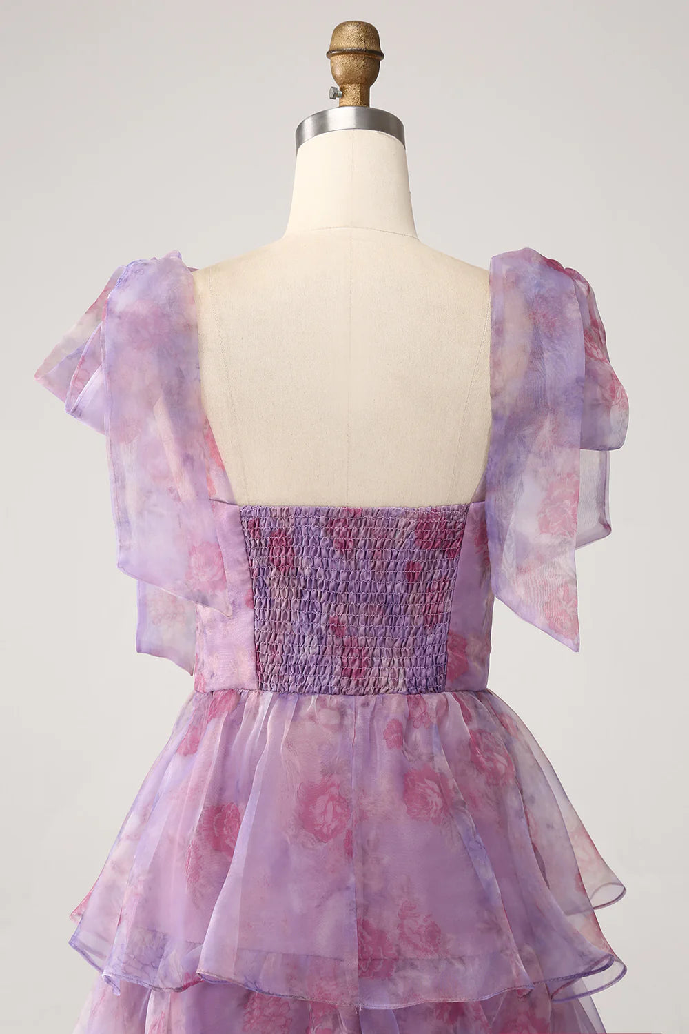 A-line layered purple printed tea long ball dress