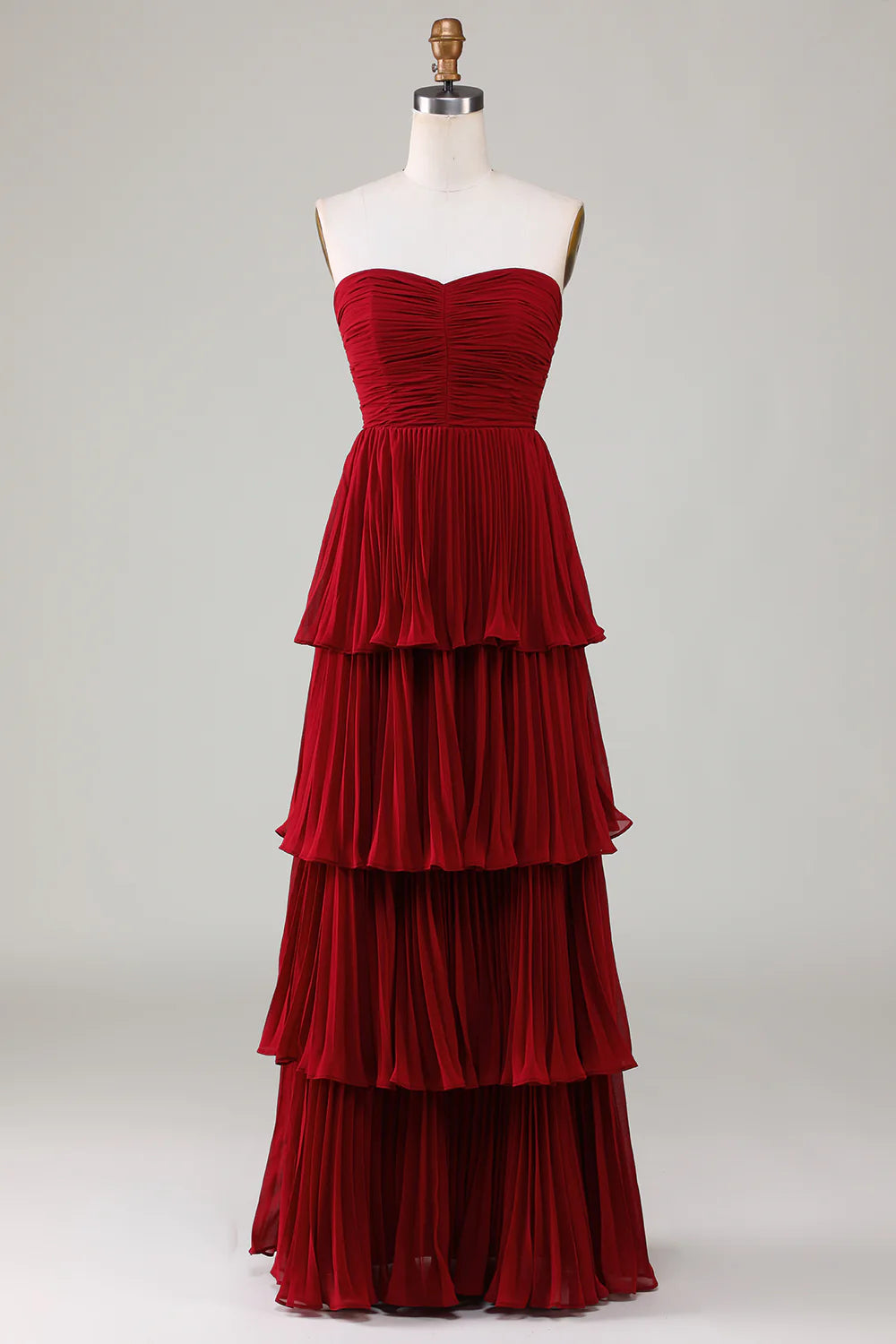 Sexy strapless layered Burgundy long bridesmaid dress