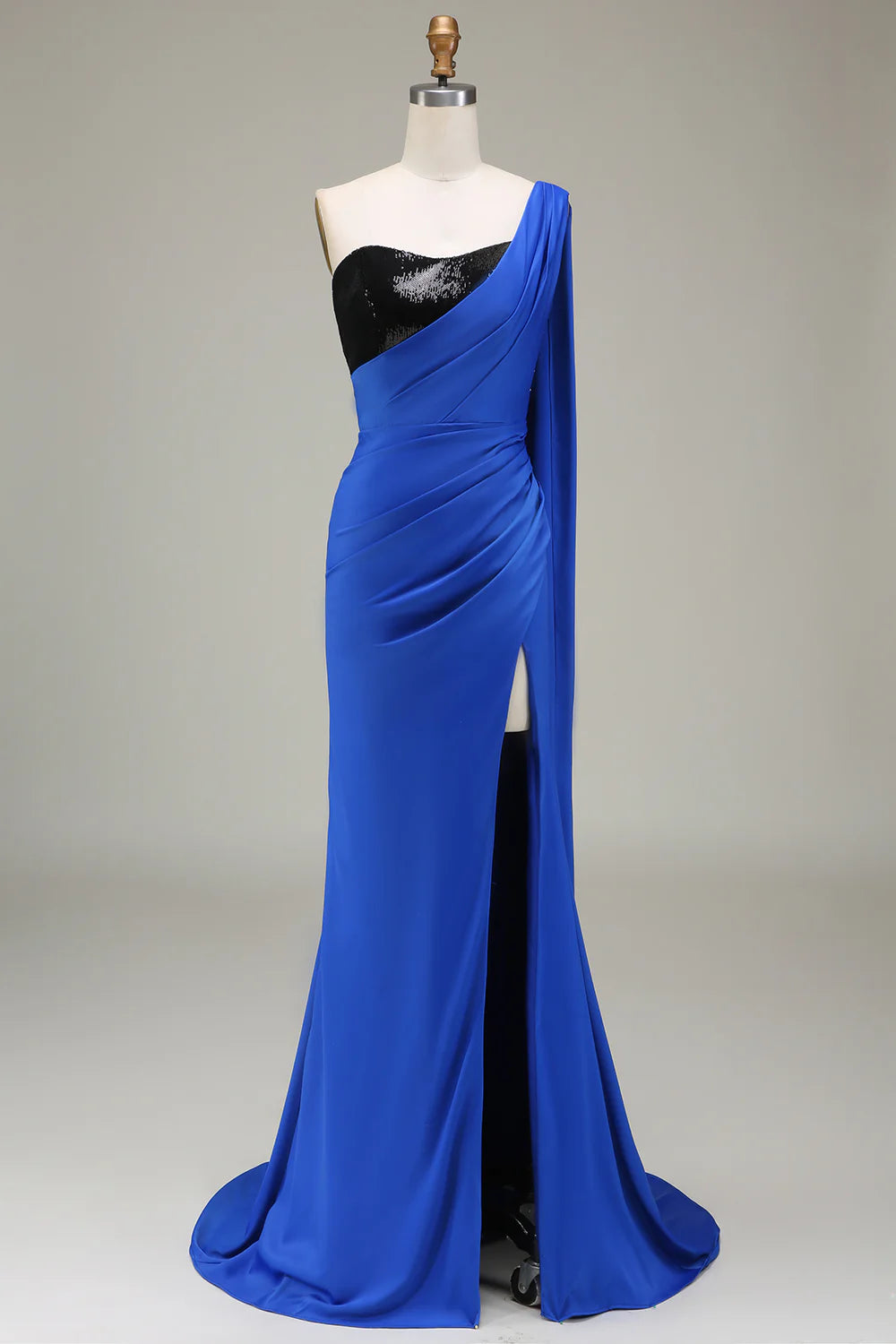 Blue sexy one shoulder satin sequin mermaid pleated split ball dress