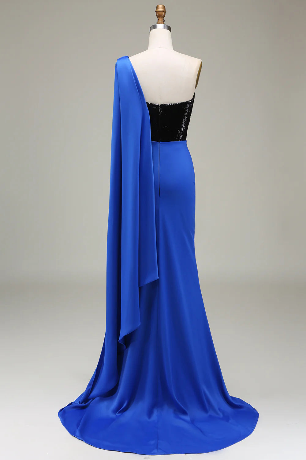 Blue sexy one shoulder satin sequin mermaid pleated split ball dress