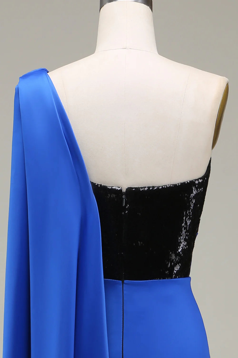 Blue sexy one shoulder satin sequin mermaid pleated split ball dress