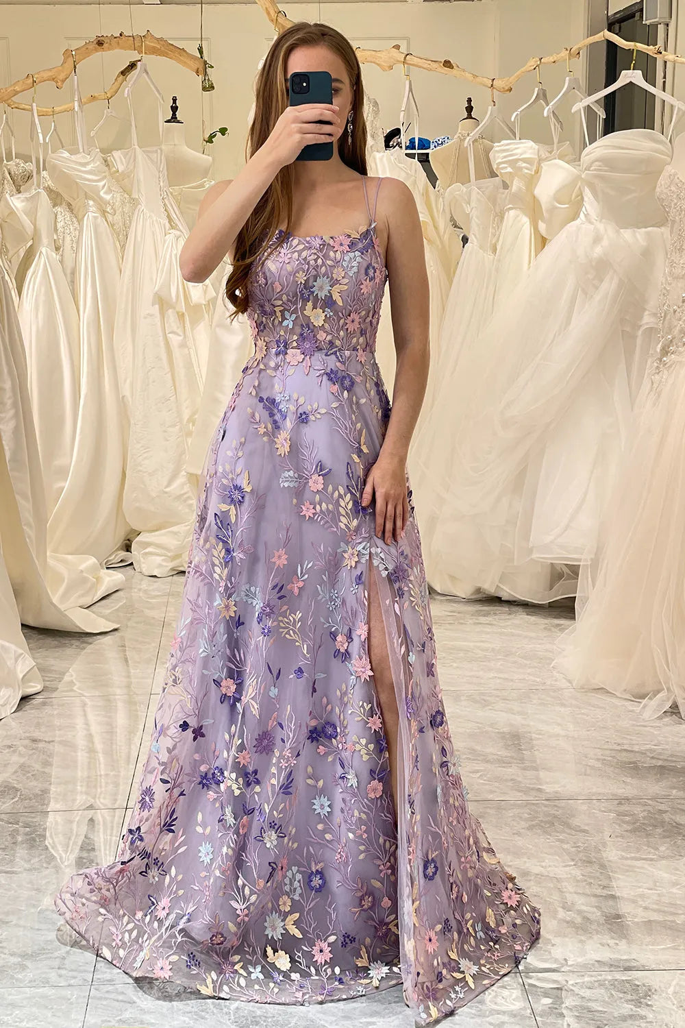 A-line sheer lace dance long dress with embellishments and a slit