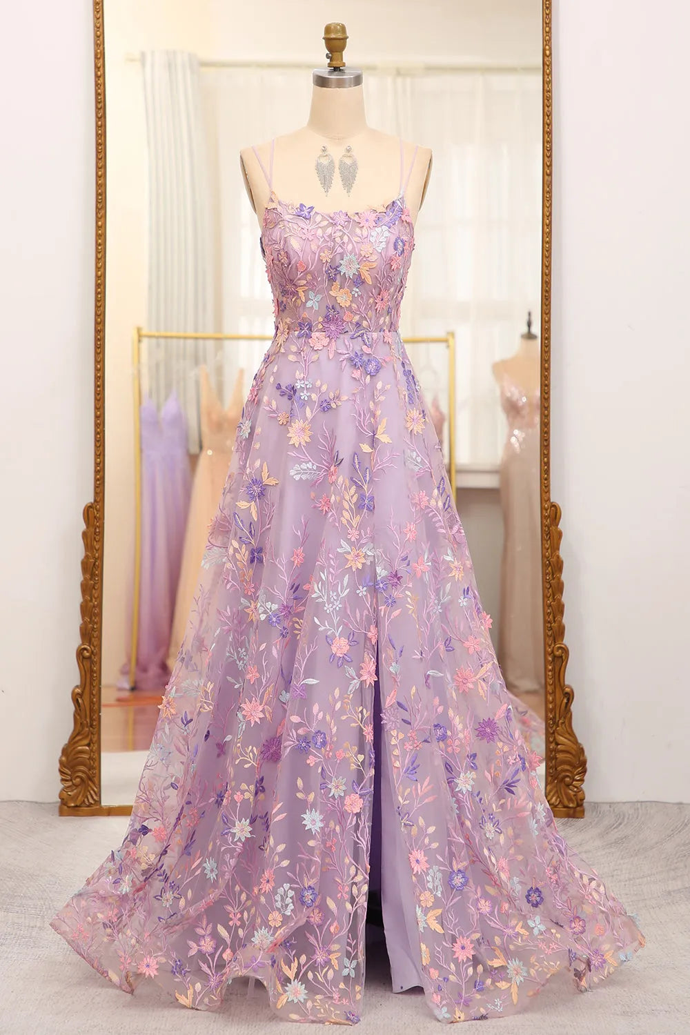 A-line sheer lace dance long dress with embellishments and a slit