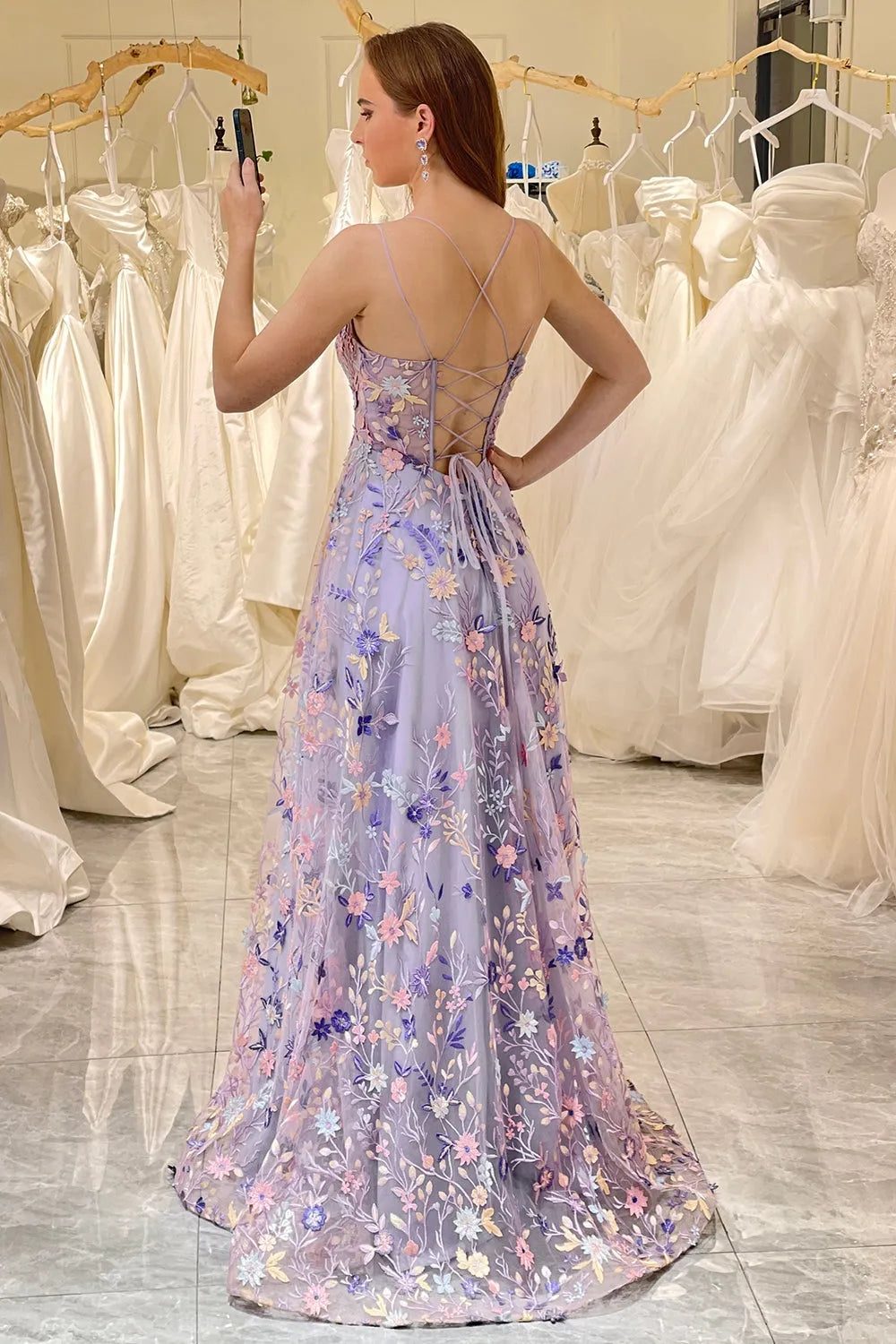 A-line sheer lace dance long dress with embellishments and a slit
