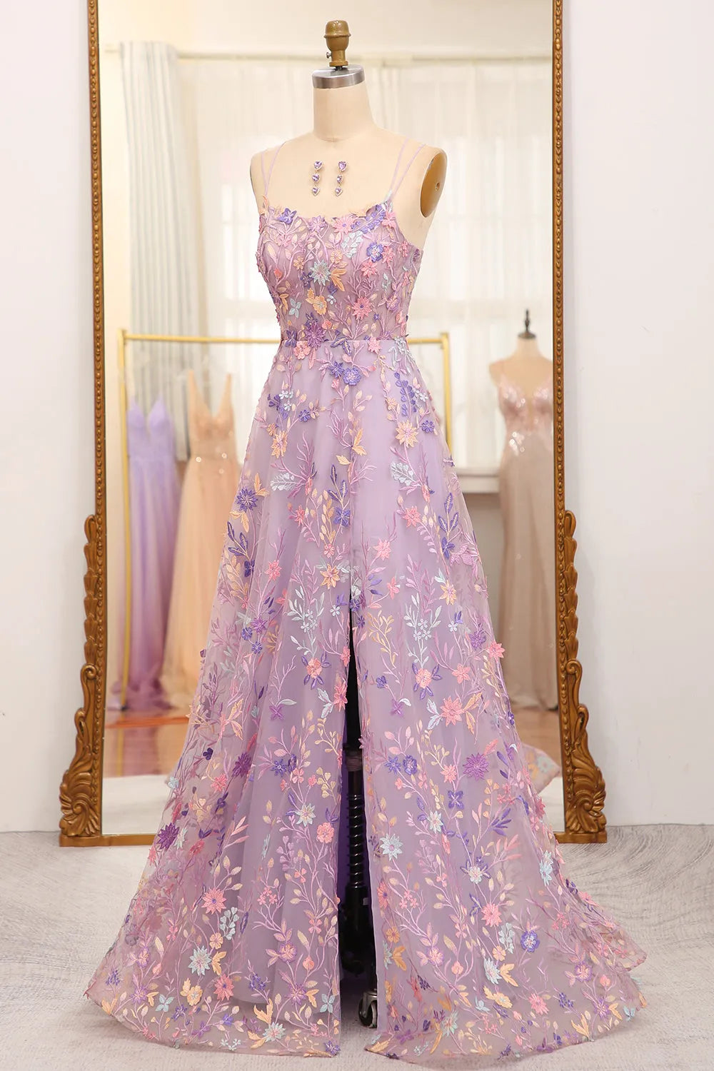 A-line sheer lace dance long dress with embellishments and a slit