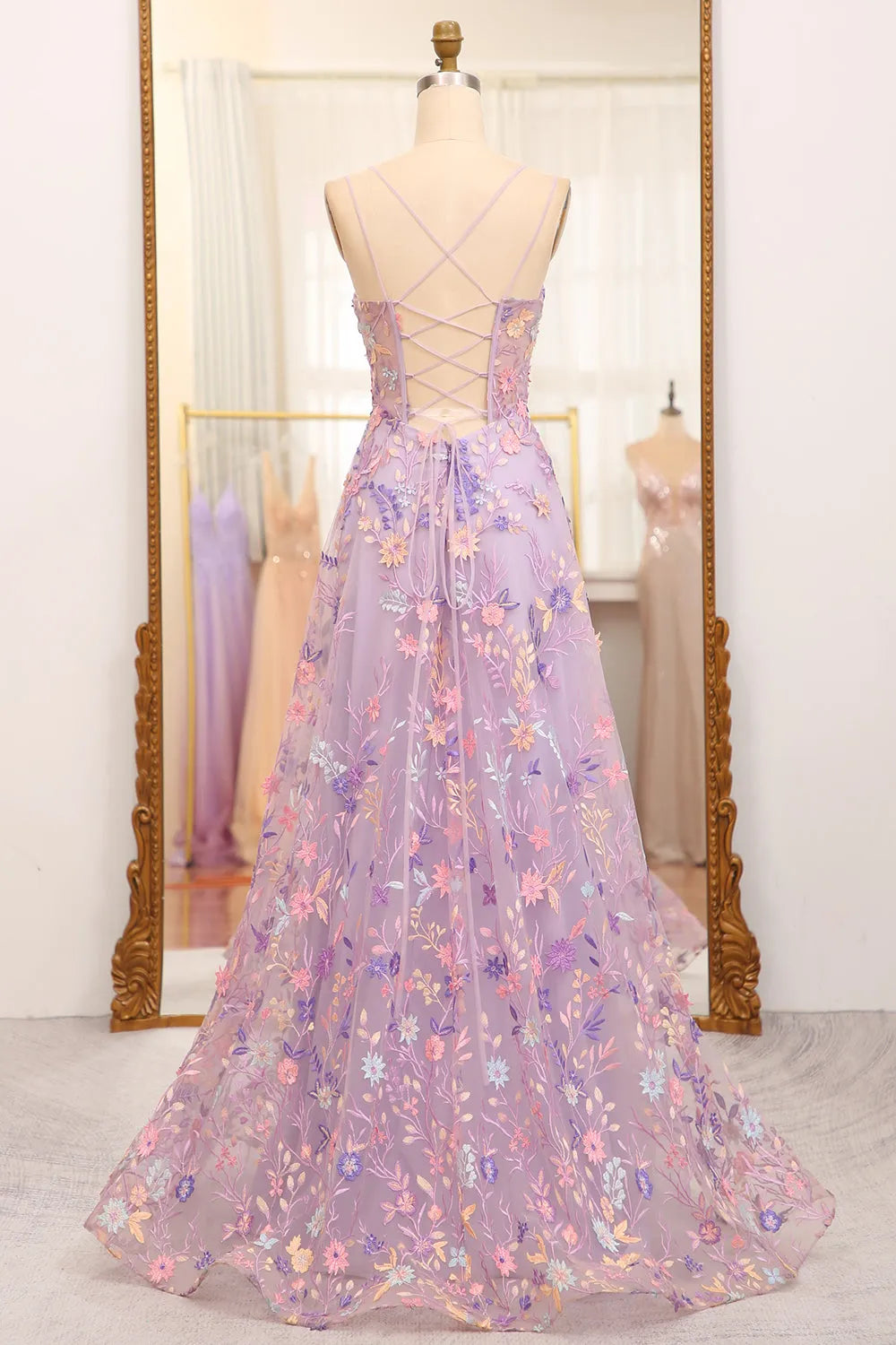 A-line sheer lace dance long dress with embellishments and a slit