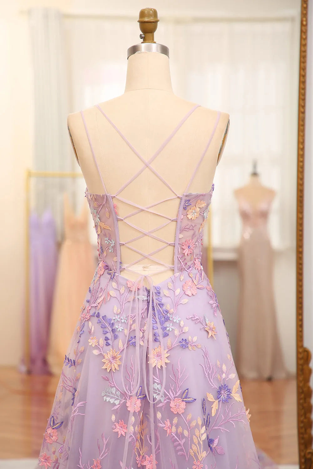 A-line sheer lace dance long dress with embellishments and a slit