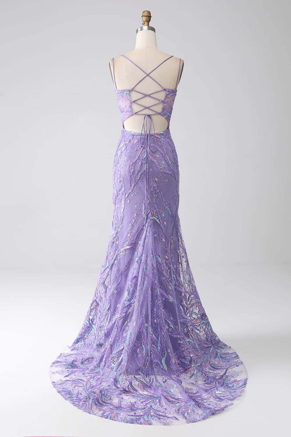 Slim fit mermaid lace up back lilac sequin split ball dress