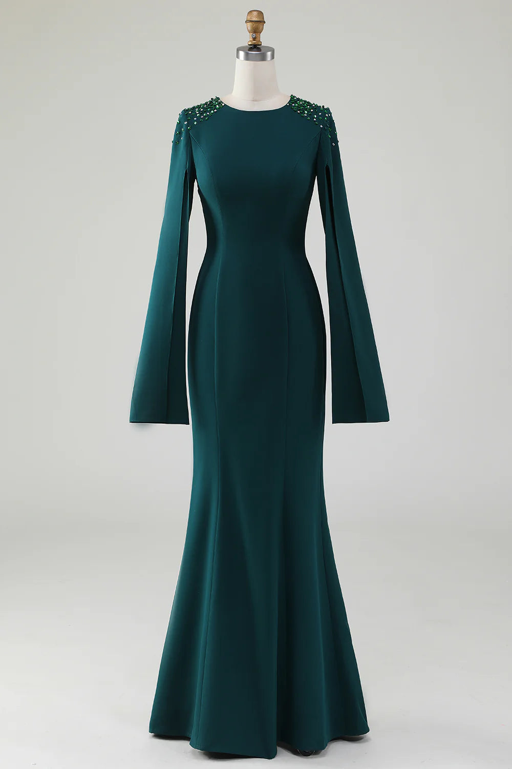 Dark green slim fit mermaid round neck dress with beaded cape sleeves