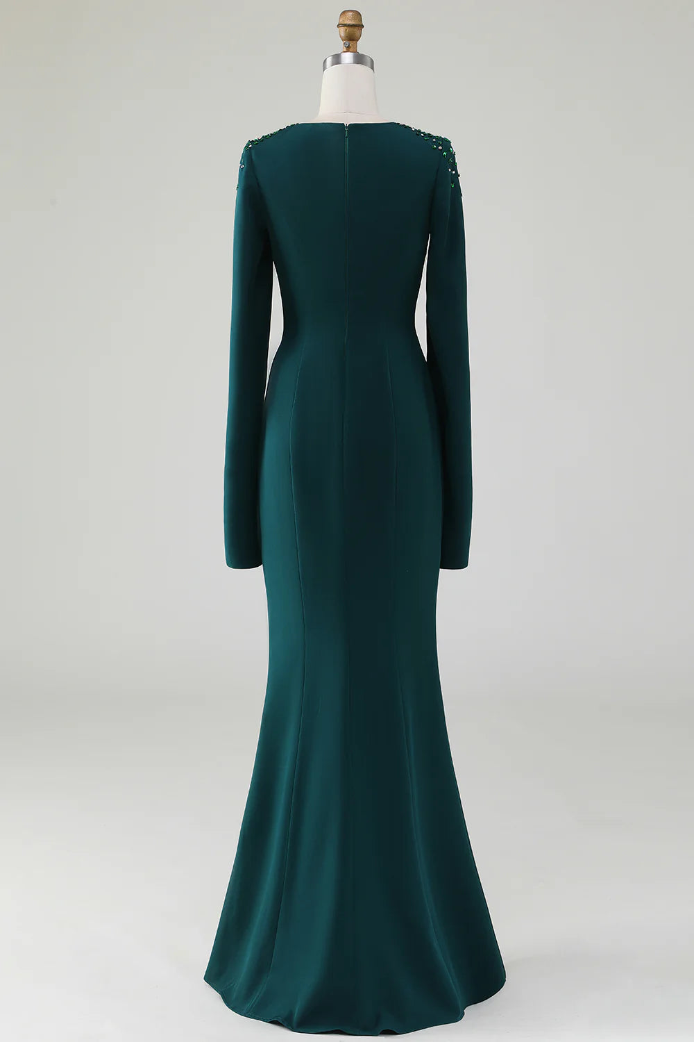 Dark green slim fit mermaid round neck dress with beaded cape sleeves