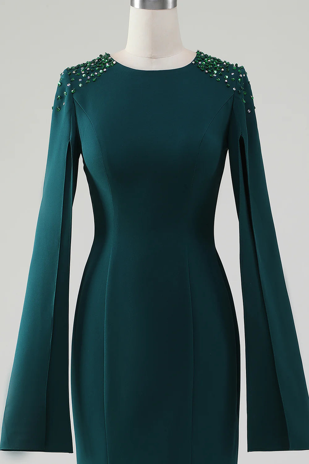 Dark green slim fit mermaid round neck dress with beaded cape sleeves
